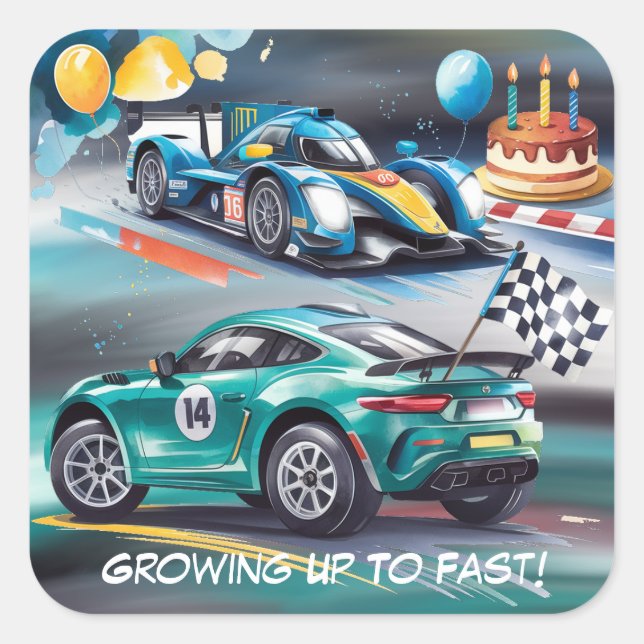 Adesivo Quadrado Growing Up To Fast Boy Birthday Party (Frente)