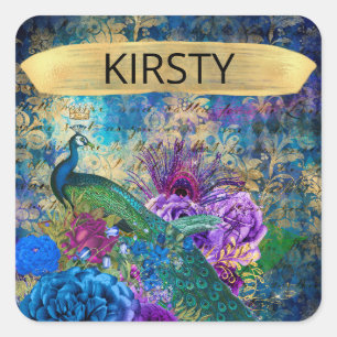 Adesivo Quadrado Grunge de Pavão e Flores Ilustrado Antiquado