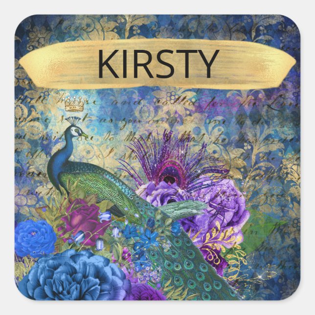 Adesivo Quadrado Grunge de Pavão e Flores Ilustrado Antiquado (Frente)