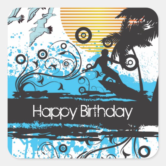 Adesivo Quadrado Grunge Surfing Tropical Beach Happy Birday (Frente)