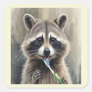 Adesivo Quadrado Guaxinim Fofo Escovando os Dentes Divertido Dentis
