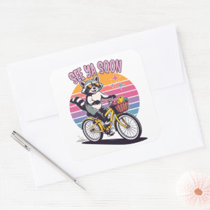 Adesivo Quadrado Guaxinim Vintage Andando de Bicicleta Até Logo ao 