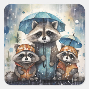 Adesivo Quadrado Guaxinins Fofos na Chuva