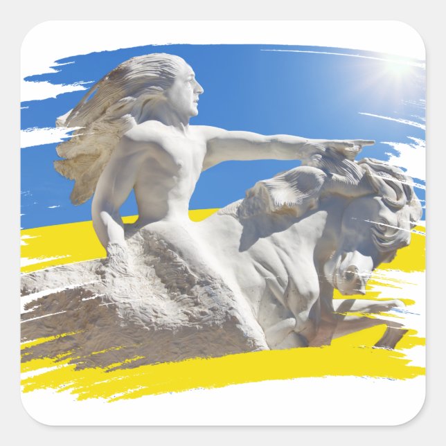 Adesivo Quadrado Guerreiro Ucrânia Presidente Zelenskyy e Bandeira (Frente)