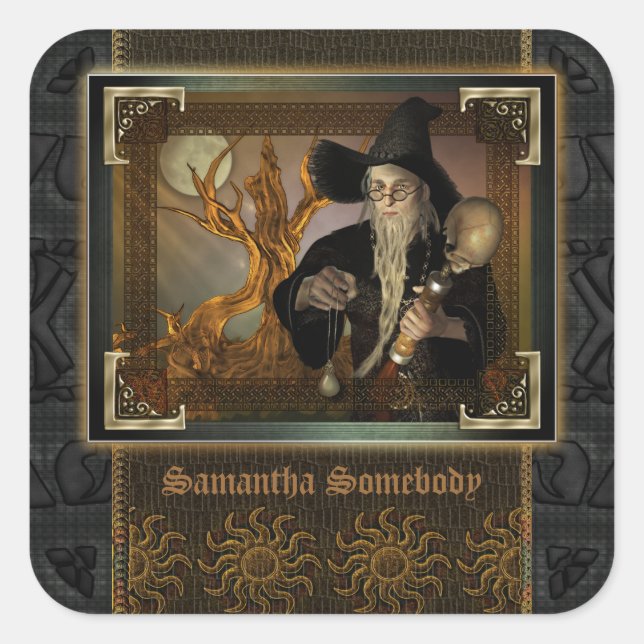 Adesivo Quadrado Guia de Ilustração de Fantasia Mágica de Assistent (Frente)