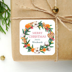 Adesivo Quadrado Guirlanda de Natal em Aquarela Feliz Natal