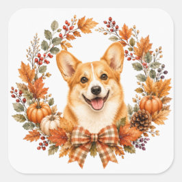 Adesivo Quadrado Guirlanda de Outono de Corgi