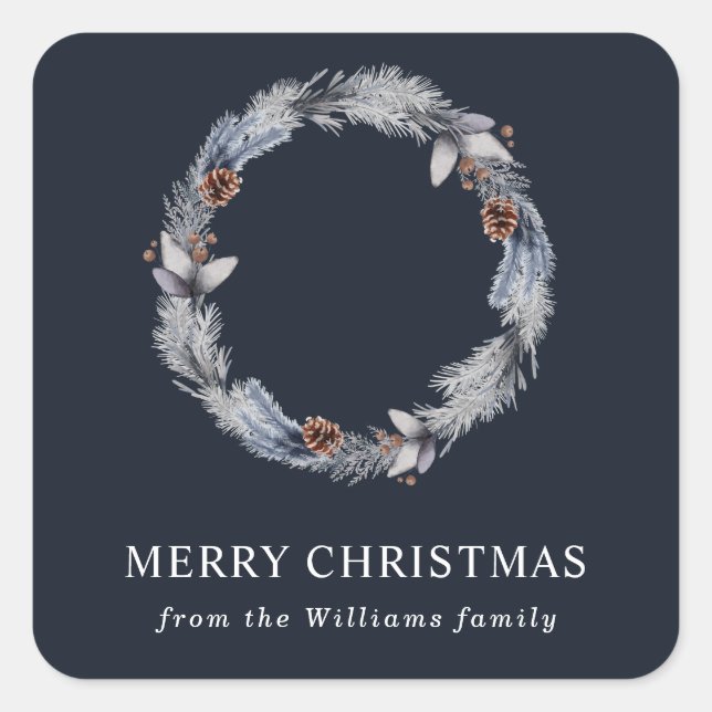 Adesivo Quadrado Guirlanda Floral de Inverno Rustica Prata Azul  (Frente)