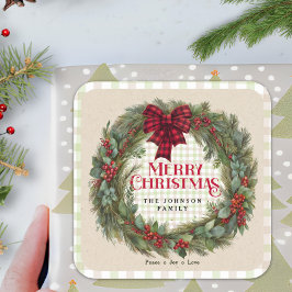 Adesivo Quadrado Guirlanda Rústica em Xadrez com Nome da Família Na