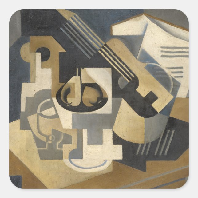 Adesivo Quadrado Guitar e Fruta Bowl em uma Mesa, 1918 (Frente)
