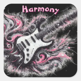 Adesivo Quadrado Guitarra, Cor-de-Rosa, de Arte Negra