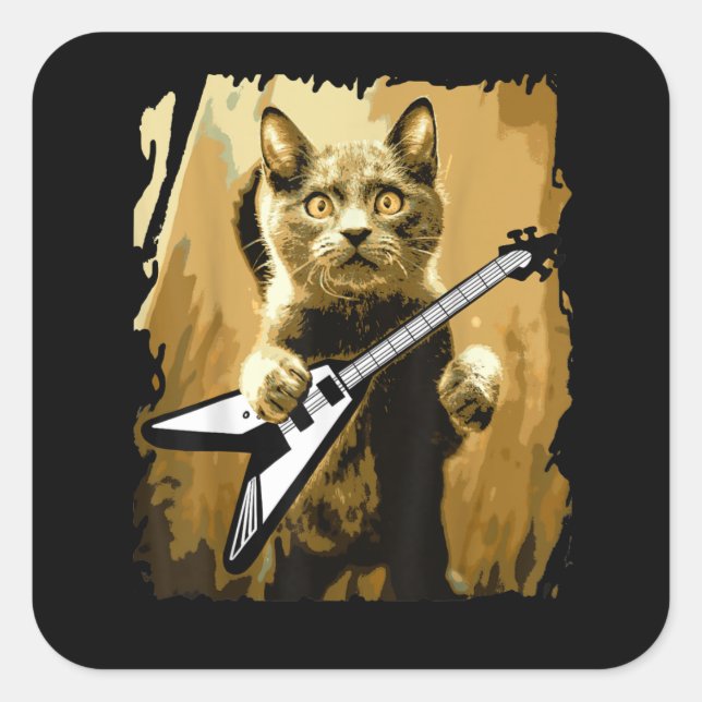 Adesivo Quadrado Guitarra de Metal Pesado Jogando Gato-Roqueiro (Frente)
