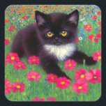 Adesivo Quadrado Gustav Klimt Tuxedo Cat<br><div class="desc">Vinhetas com um gato de smoking Gustav Klimt! Este adorável gatinho preto e branco se senta num campo de flores vermelhas,  azuis,  brancas e laranja. Um presente incrível para amantes de gatos e entusiastas de arte austríacos!</div>