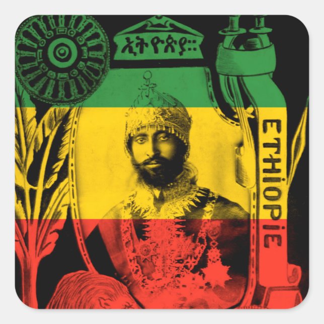 Adesivo Quadrado Haile Selassie Sticker Red Dourada Rasta Verde (Frente)