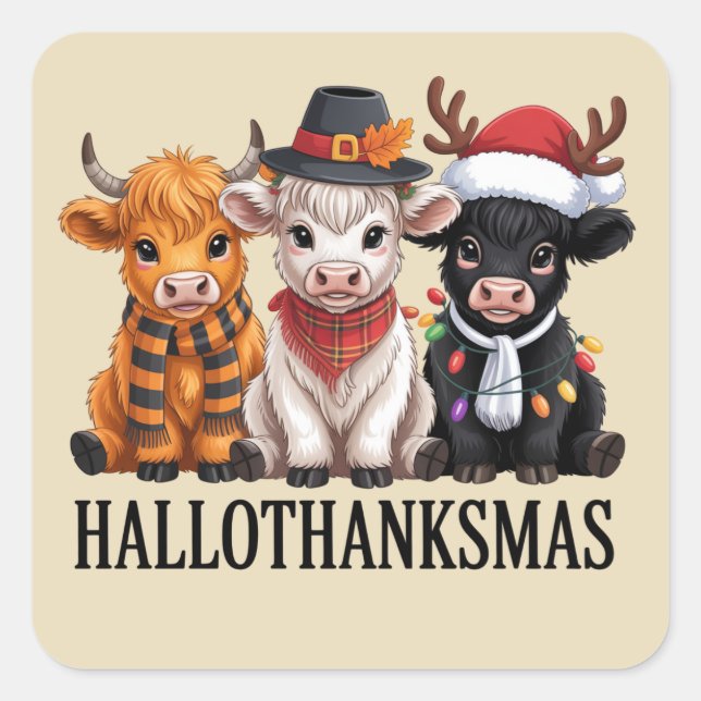 Adesivo Quadrado Hallothanksmas Fall Cow Spooky Season Farmer Xmas (Frente)