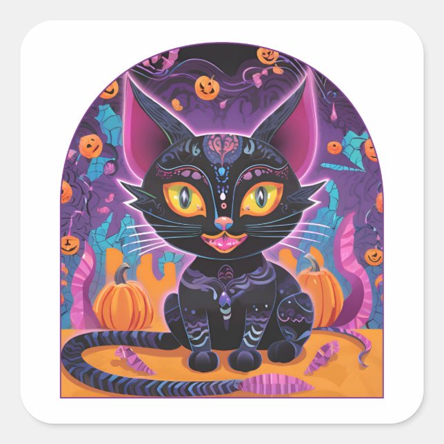 Adesivo Quadrado Halloween Black Cat Alebrije (Frente)