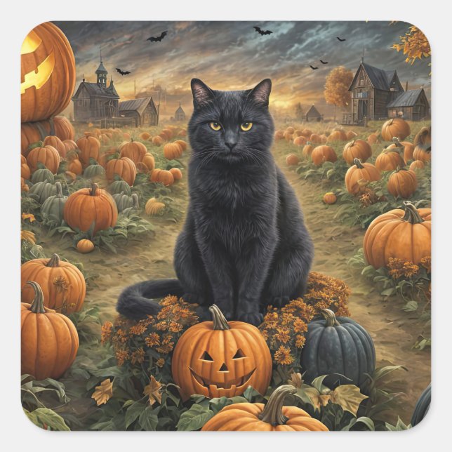 Adesivo Quadrado Halloween Black Cat Jack O Lanternas (Frente)