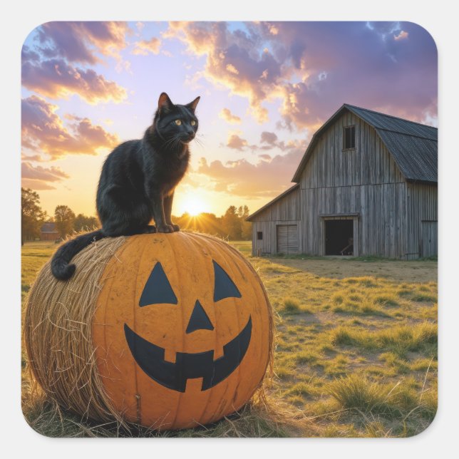 Adesivo Quadrado Halloween Black Cat On Pumpkin Hay Bale (Frente)