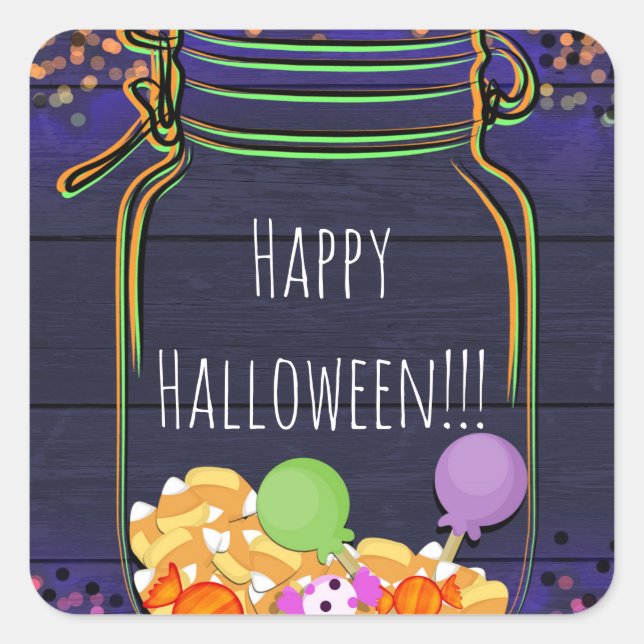 Adesivo Quadrado Halloween Candy Mason Jar Party Gloween Favor (Frente)
