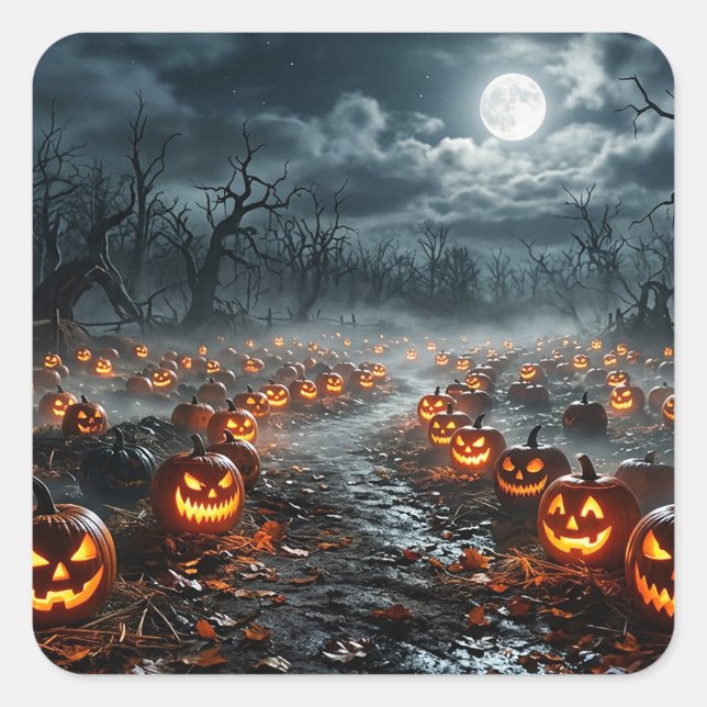 Adesivo Quadrado Halloween com Árvores Sinistras e Jack O Lanterns (Frente)