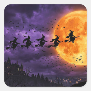Adesivo Quadrado Halloween com Lua e Bruxa