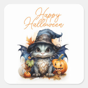 Adesivo Quadrado Halloween do Dragão Bebê com Aquarela Infantil do