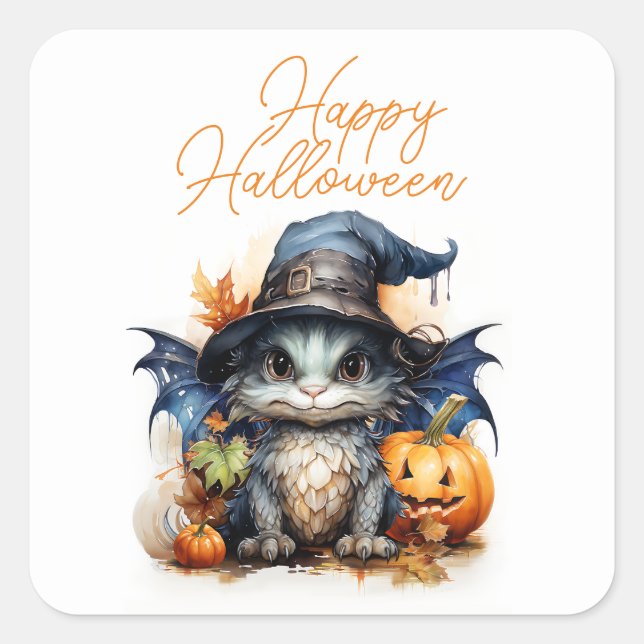 Adesivo Quadrado Halloween do Dragão Bebê com Aquarela Infantil do  (Frente)