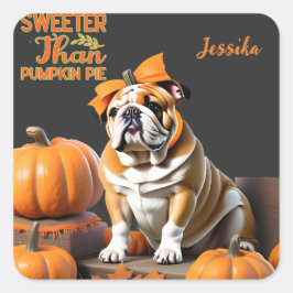 Adesivo Quadrado Halloween Docinho de Pumpkin Bulldog Personalizado