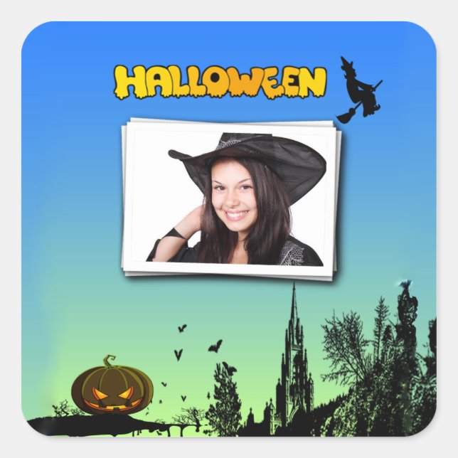 Adesivo Quadrado Halloween Dusk com Witch Adicionar Fotografia (Frente)