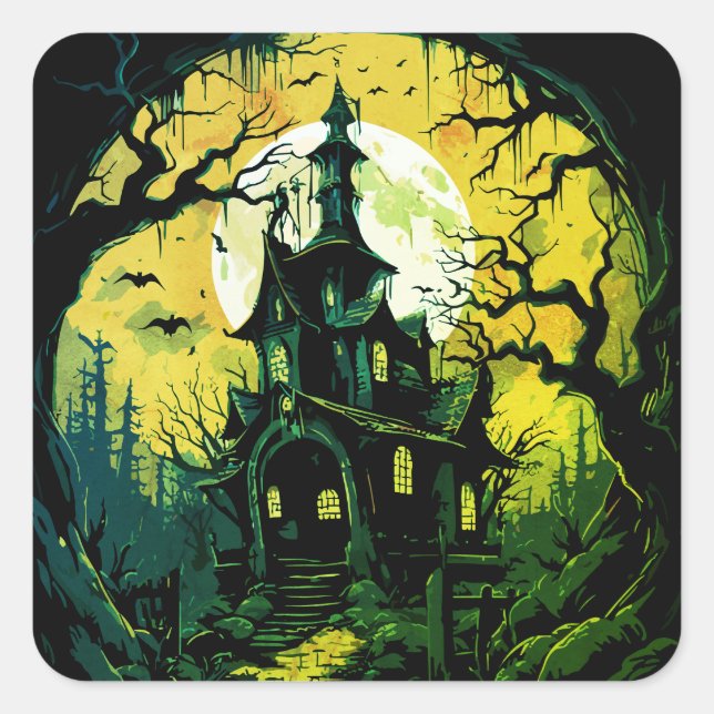 Adesivo Quadrado Halloween Haunted House (Frente)