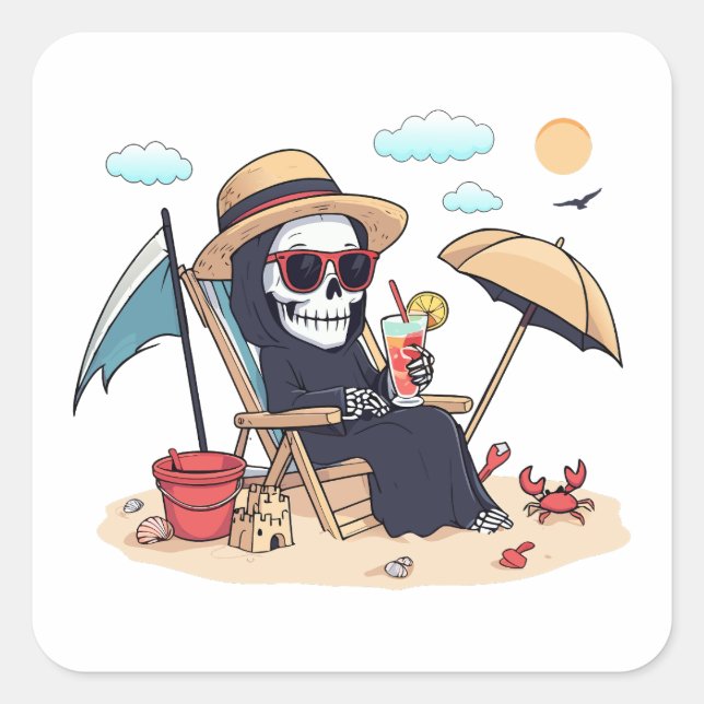 Adesivo Quadrado Halloween in Summer – Grim Reaper on the Beach (Frente)