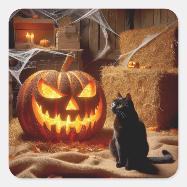 Adesivo Quadrado Halloween Jack-o-Lanterna e Gato em Barn (Frente)