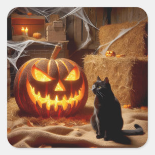 Adesivo Quadrado Halloween Jack-o-Lanterna e Gato em Barn