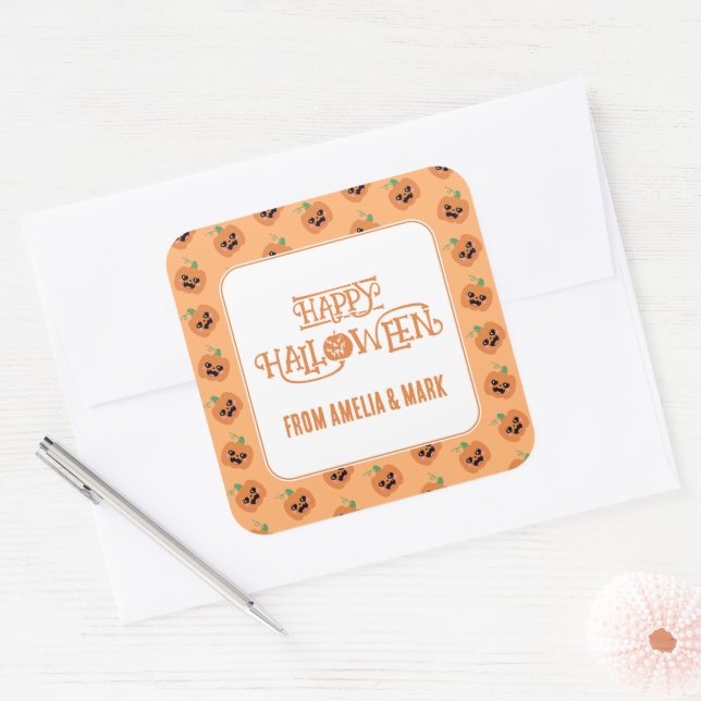 Adesivo Quadrado Halloween Kawaii Pumpkins (Envelope)