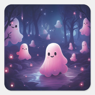 Adesivo Quadrado Halloween Na Floresta, Fantasmas Rosa E Bonitos
