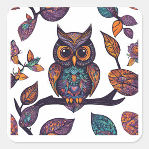 Adesivo Quadrado Halloween Owl Alebrije e Folhas