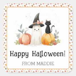 Adesivo Quadrado Halloween Personalizado de Fantasma e Gato Preto