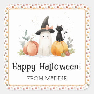 Adesivo Quadrado Halloween Personalizado de Fantasma e Gato Preto