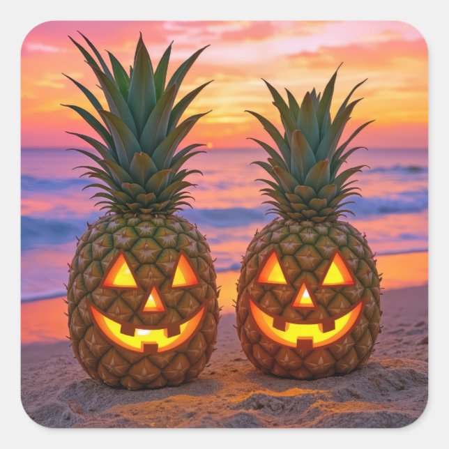 Adesivo Quadrado Halloween Pineapple Jack-o-lanterns On a Beach (Frente)