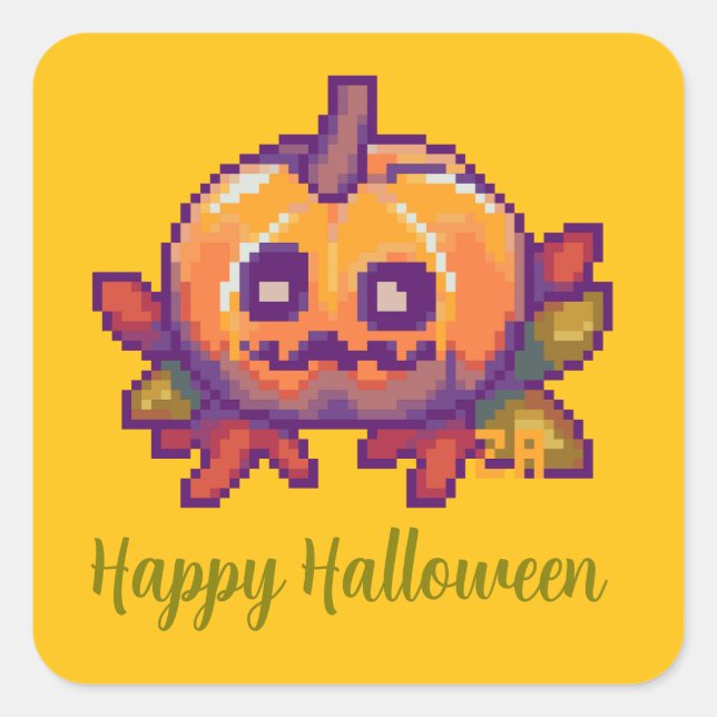 Adesivo Quadrado Halloween, Pixelart, Pixel Art, Pumpkin Halloween (Frente)