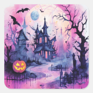 Adesivo Quadrado Halloween Scene Haunted House (1)