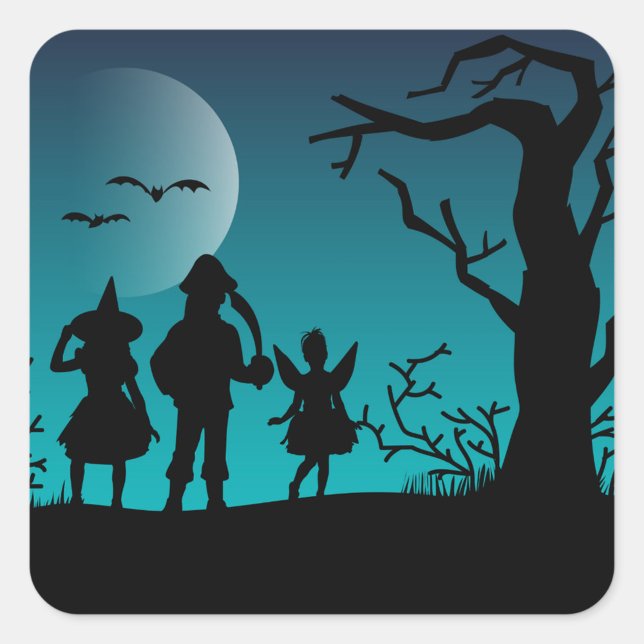 Adesivo Quadrado Halloween Silhouette (Silhouetted figures of a witch, a pirate, and a fairy stand against a glowing moonlit backdrop.  )