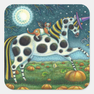 Adesivo Quadrado HALLOWEEN SPONTTED PONY & BAT CAT Whimsical Horse
