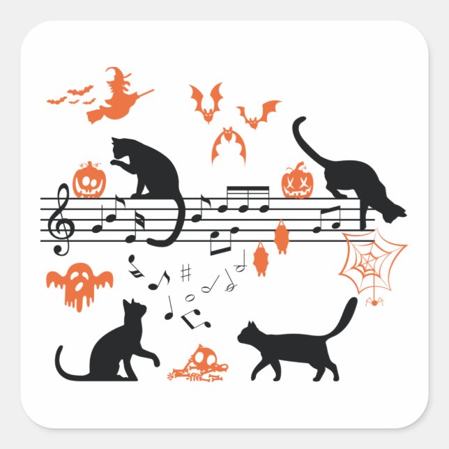 Adesivo Quadrado "Halloween Spooky and Scary Cats" Tocando Música N (Frente)