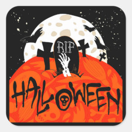 Adesivo Quadrado Halloween Spooky Graveyard Bats Zombie Moon