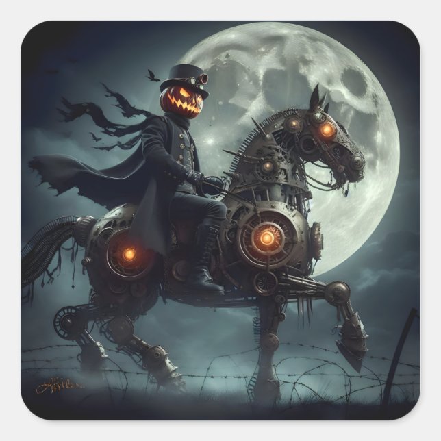 Adesivo Quadrado Halloween Steampunk Cavaleiro Sem Cabeça (Frente)