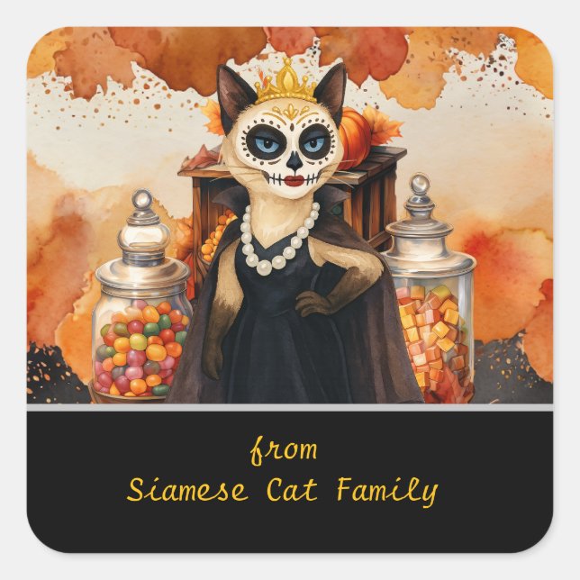 Adesivo Quadrado Halloween themed for Cat Lovers with candies (Frente)