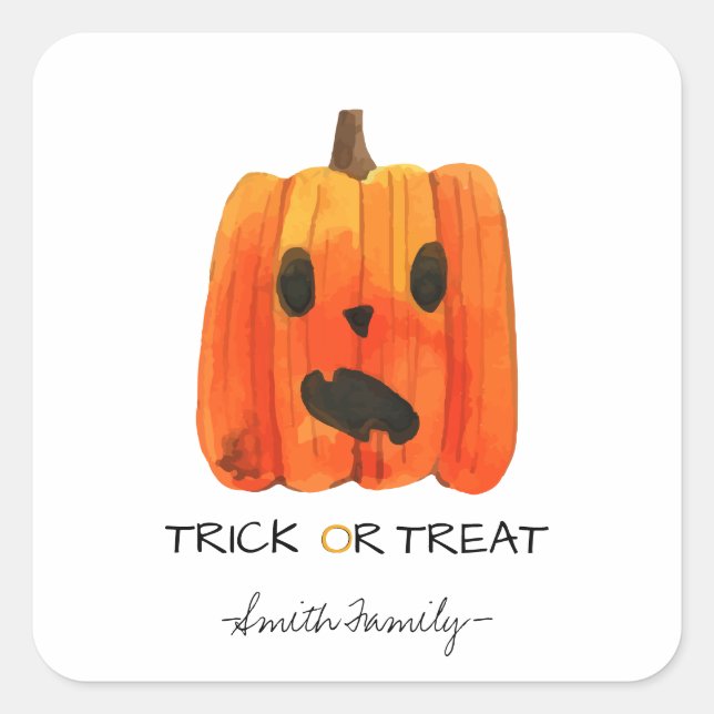Adesivo Quadrado Halloween Trick ou Treine Watercolor Pumpkin Kids (Frente)