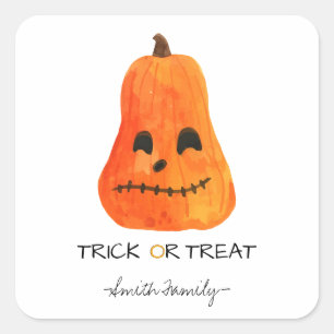 Adesivo Quadrado Halloween Trick ou Treine Watercolor Pumpkin Kids