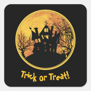 Adesivo Quadrado Halloween Truque Noite ou Tratar Casa da Lua Cheia